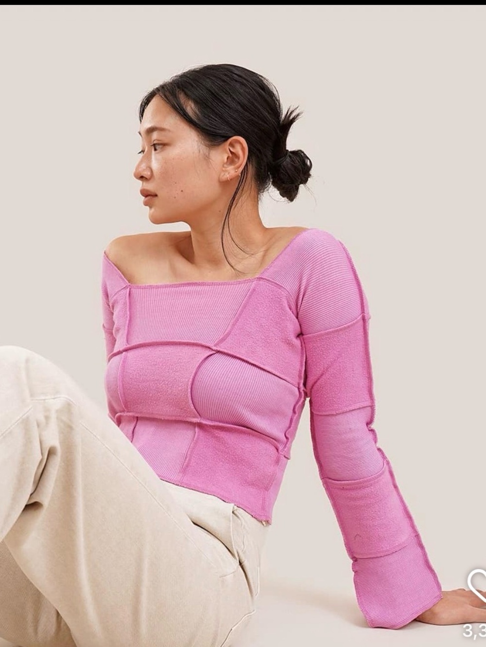 323- set of three patchwork Long Sleeve Square Neck Top- pink, black white